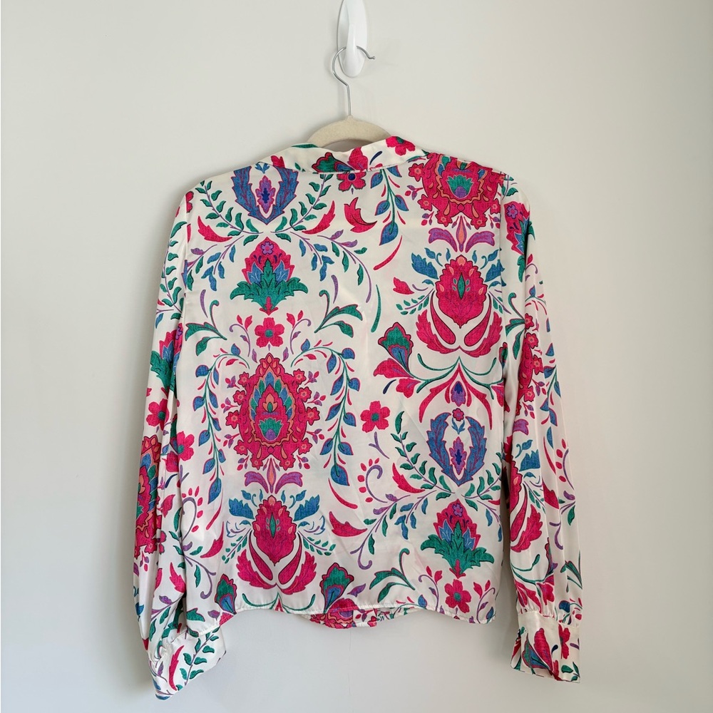 ZARA Satin Spring Floral Button Down Blouse Womens L Business Casual Chic - Picture 4 of 5